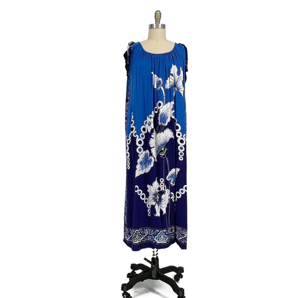 Vintage Thai Batik Sleeveless Floral Midi Shift Dress size Medium/Large - Picture 2 of 10